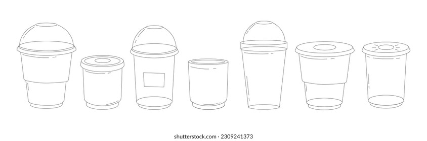 A set of plastic cups for cold drinks. Plastic cup template silhouette on isolated white background. line icon. Editable stroke. Doodle style. Vector stock illustration. svg