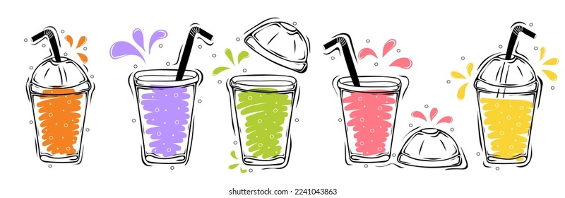 Set of plastic cups with non alcoholic drinks. Healthy food or Detox concept.  Hand drawn vector elements of smoothies, lemonade, fresh, juice, detox and fruits in sketch style