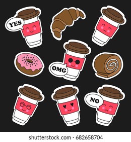 Set of plastic cups and sweets, cute patches isolated. Collection of colorful badges, flat cartoon style. Food and drink, funny stickers. Confectionery and drinks hand drawn icons vector