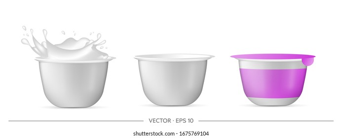 Set of plastic cups for yogurt. Isolated on a white background. Vector illustration.