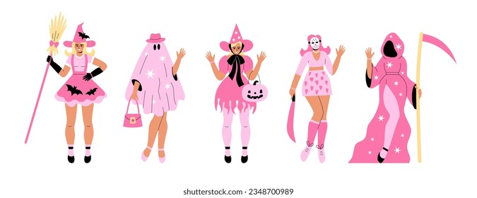 A set of plastic dolls in pink Halloween costumes. Pink girl party. Barbicore