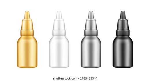 Set of plastic drop bottle with cap mockup. Blank golden, silver, blak and white medicine or cosmetic package for nose, ear or eye drops. Product container template. Isolated 3d vector illustration