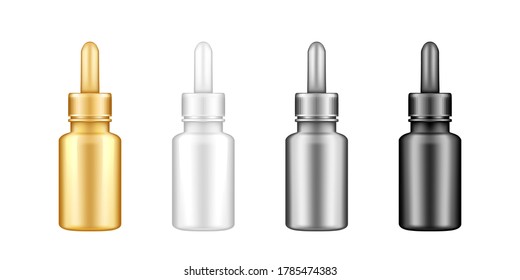 Set of plastic dropper container with lid mockup. Blank golden, silver, blak and white medicine or cosmetic package for eye or nose drops, oil, serum. Product template. Isolated 3d vector illustration