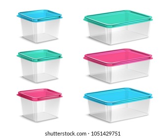 Set of plastic food containers of various volume with colored lids and transparent bowls isolated vector illustration