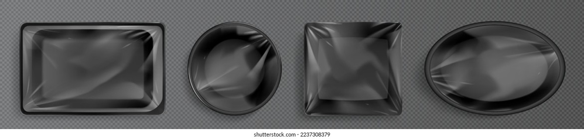 Set of plastic food tray mockups png isolated on transparent background. Realistic vector illustration of black rectangular, square, round and oval styrofoam containers covered with film. Top view