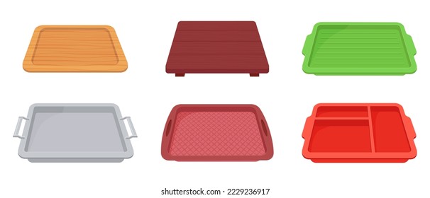 A set of plastic food trays.Trays for carrying food and serving in fast food establishments and cafeterias .Trays made of wood, metal and plastic.Vector illustration.