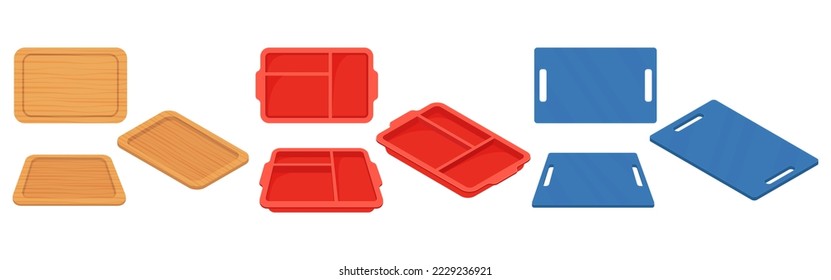 A set of plastic food trays.Trays for carrying food and serving in fast food establishments and cafeterias .Trays made of wood, metal and plastic.Vector illustration.