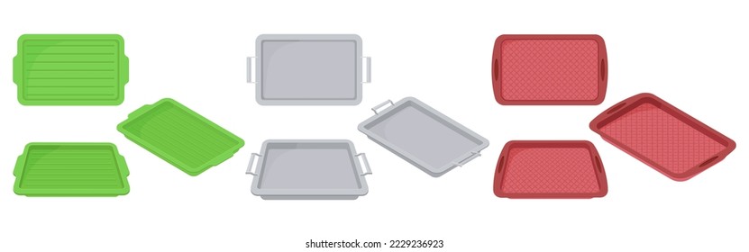 A set of plastic food trays.Trays for carrying food and serving in fast food establishments and cafeterias .Trays made of wood, metal and plastic.Vector illustration.