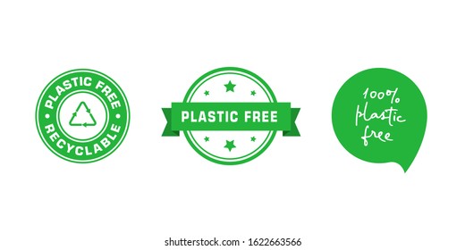 Set of plastic free green emblems. Eco friendly concept design elements. Vector stock illustration.