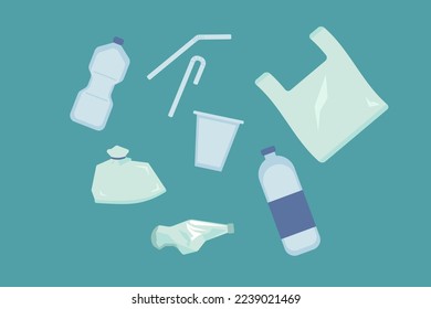 Set of plastic garbage bags, bottles, cups and straws for cocktails in recycling ecology problem vector illustration. Less waste. Enviroment protection. For banner, flyer.