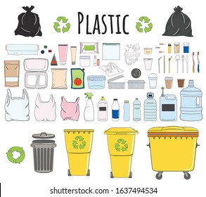 Set of plastic garbage with plastic can. Bottle, tube, brush, straw, container, machine, fork, coffee cup. Waste management. Sorting garbage. Utilization concept. Hand drawn vector illustration.