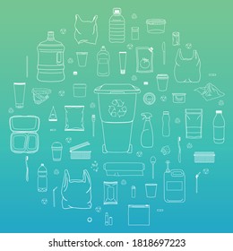 Set of plastic garbage with plastic can in circle. Bottle, tube, brush, straw, container, machine, fork, coffee cup. Waste management. Sorting garbage. Line icons. Hand drawn vector illustration.