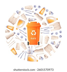 Set of plastic garbage, orange container for plastic packaging, concept of sorting, separating and recycling garbage. Eco-friendly habit, earth day, zero waste.