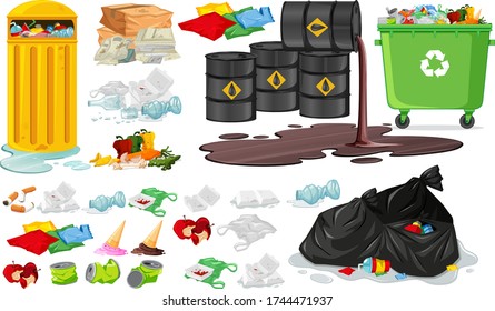 Set of plastic garbage and trash icon isolated on white background illustration