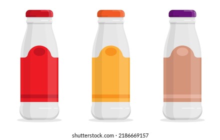 Set of plastic or glass bottles for liquid drinks. Bottle with cap and label. Flat cartoon vector isolated on white background
