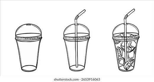 Set of Plastic glass for cold lemonade. Cold drink to go outline drawing painted by black inks. Hand drawn vector illustration outline. Empty transparent plastic cup with a straw for lemonade
