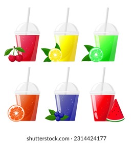 Ponga vidrio de plástico con jugo diferente. Jugo de fruta en taza de plástico transparente. Ilustración vectorial para el diseño de productos frescos, jugo, comida enlatada, menú para café.