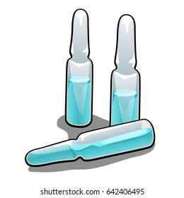 Set a plastic or glass vials with blue liquid isolated on white background. Vector cartoon close-up illustration.