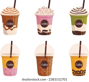 Set of plastic glasses with different types of cold drinks. Take away. Vector graphic.