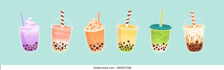 Set of plastic glasses with Taiwanese bubble or boba milk tea with different flavors: matcha, honeydew, etc. Collection of cold Asian drink from tapioca pearls. Colorful flat vector illustration