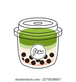 Set of plastic glasses with Taiwanese bubble or boba milk tea with different flavors: matcha, honeydew, etc. Collection of cold Asian drink from tapioca pearls. Colorful flat vector illustration