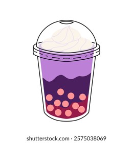 Set of plastic glasses with Taiwanese bubble or boba milk tea with different flavors: matcha, honeydew, etc. Collection of cold Asian drink from tapioca pearls. Colorful flat vector illustration