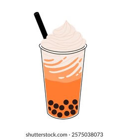 Set of plastic glasses with Taiwanese bubble or boba milk tea with different flavors: matcha, honeydew, etc. Collection of cold Asian drink from tapioca pearls. Colorful flat vector illustration