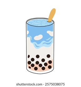 Set of plastic glasses with Taiwanese bubble or boba milk tea with different flavors: matcha, honeydew, etc. Collection of cold Asian drink from tapioca pearls. Colorful flat vector illustration