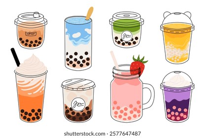 Set of plastic glasses with Taiwanese bubble or boba milk tea with different flavors: matcha, honeydew, etc. Collection of cold Asian drink from tapioca pearls. Colorful flat vector illustration