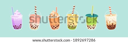 Set of plastic glasses with Taiwanese bubble or boba milk tea with different flavors: matcha, honeydew, etc. Collection of cold Asian drink from tapioca pearls. Colorful flat vector illustration