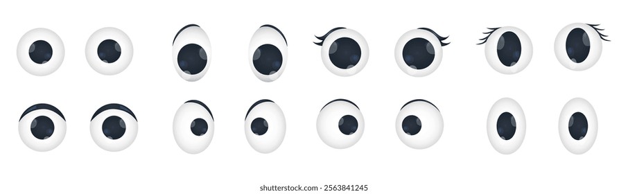 Set of plastic googly eyes in whithe and black color isolated on transparent background