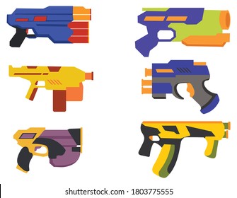 Set of plastic guns. Collection of cartoon plastic gun. Toy water guns. Colorful illustration of colorful for pistol  for summer fights. 