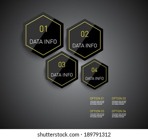 Set of plastic hexagonal banners over dark background for business design, reports, number options, infographics, step presentation, websites, progress or workflow layout. Clean and modern style