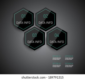 Set of plastic hexagonal banners over dark background for business design, reports, number options, infographics, step presentation, websites, progress or workflow layout. Clean and modern style