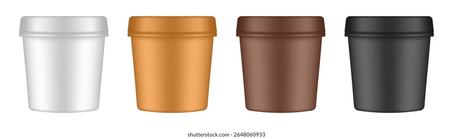 Set of plastic ice cream tubs. Vector mockup of a food packaging. White, bronze, brown and black jars. Yoghurt container. Plastic Bucket