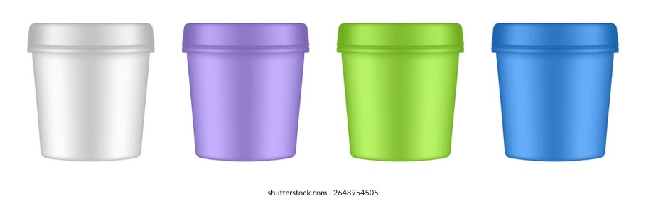 Set of plastic ice cream tubs. Vector mockup of a food packaging. White, purple, green and blue jars. Yoghurt container. Plastic Bucket
