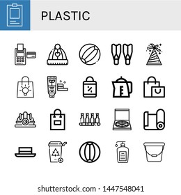 Set of plastic icons such as ID, Credit card, Hat, Beach ball, Flippers, Bag, Toothpaste, Shopping bag, Kettle, Hard hat, Bottle, Pizza box, Paper roll, Recycle bin , plastic
