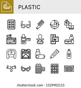 Set of plastic icons. Such as Wrapping, Blister pack, Sunglasses, Comb, Duck, Shopping bag, Keyboard, Credit card, Pacifier, Plastic bottle, Hat, Compost, Usb flash drive , plastic icons