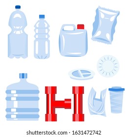 Set of plastic  items. Bottle, plate, glass, tube, 5-gallon bucket, bag, packaging, tunnel, jerrican.  Plastic materials