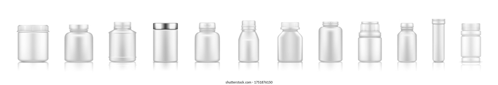 Set of plastic jar mockups isolated on white background. Packaging design. Blank sport, fitness, householding or dietary nutrition, healthcare bottle template. 3d realistic vector illustration