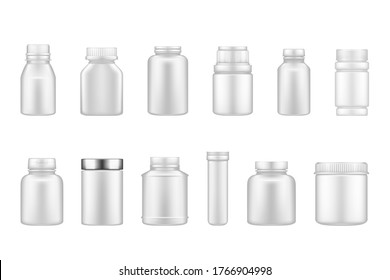 Set of plastic jar mockups isolated on white background. Packaging design. Blank food, fitness, householding or dietary nutrition, healthcare bottle template. 3d realistic vector illustration