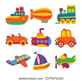 Set of Plastic Kid Toys Isolated Element Objects with Ship Toy, Airship, Airplane, Car, Train, Boat, Submarine. Flat Style Icon Vector Illustration