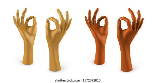 Set of plastic mannequins of female hands in gold and bronze color. Jewelry holder. Vector 3d realistic illustration isolated on white background.