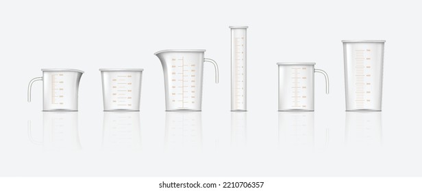 Set of plastic measure jugs. Realistic glass cups with measurement scale for volume isolated on white background. Containers for cooking or chemicals. Vector illustration