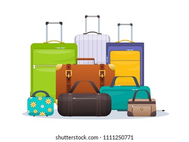 Set of plastic, metal, leather suitcases and bags in to road. Travel suitcase, journey package, travel bag, trip luggage. Collection bags, heap of luggage, suitcases, luggage. Vector illustration