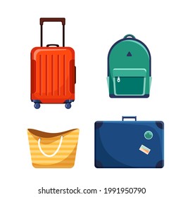 Set Of Plastic, Metal, Leather Suitcases And Bags. Travel Suitcases With Wheels And Stickers, Journey Backpack, Tote Bag, Trip Baggage. Luggage Vector Illustration Isolated On White Background