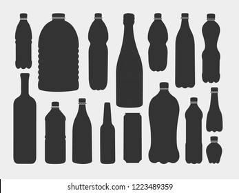 a set of plastic, metal and paper bottles and liquid bags