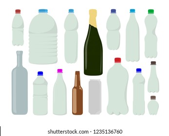 a set of plastic, metal and paper bottles and liquid bags colored