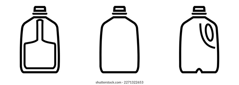 Conjunto de pictogramas de jarra de leche plástica en diferentes ángulos. Atrás, frontal, lateral. Ilustración vectorial aislada en blanco. Logotipo, icono, símbolo