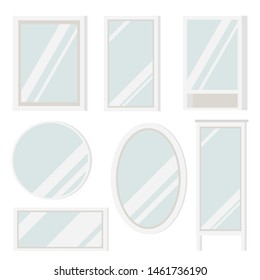 Set of plastic mirrors frame of various shapes: round, square, oval, rectangular, floor and with shelves isolated on white background. Interior design elements. Flat catroon style vector illustration.
